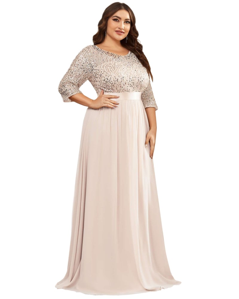 Front of a model wearing a size 18 3/4 Sleeves Round Neck Evening Dress With Sequin Bodice in Blush by Ever-Pretty. | dia_product_style_image_id:287286